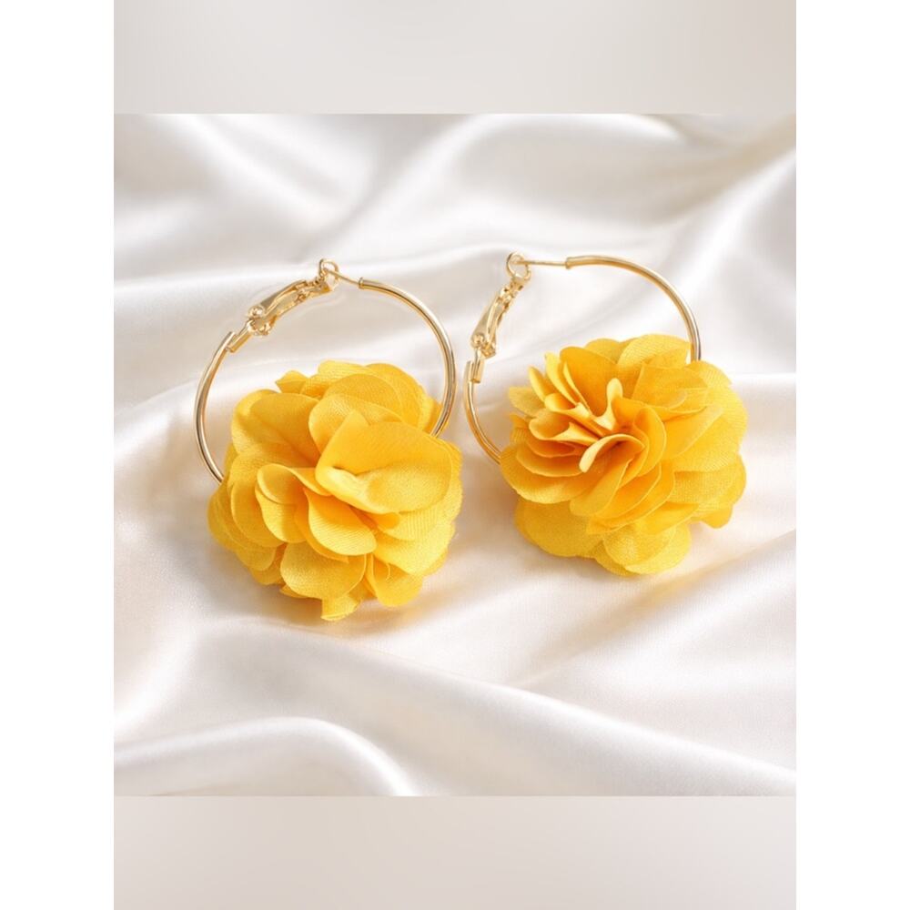 Yellow Chiffon Flower Hoop Earrings